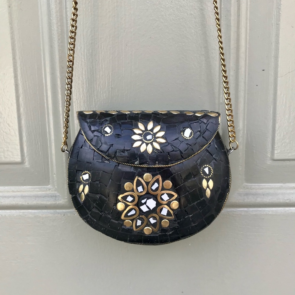 Vintage RARE Tiled Small Crossbody Boho Black Moroccan Style Handbag with chain